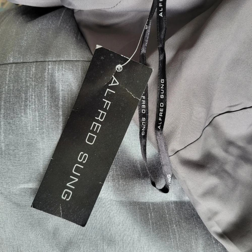 NWT ALFRED SUNG Sleeveless Midi Silver Gray Satin Dress Size 14 - Picture 9 of 9